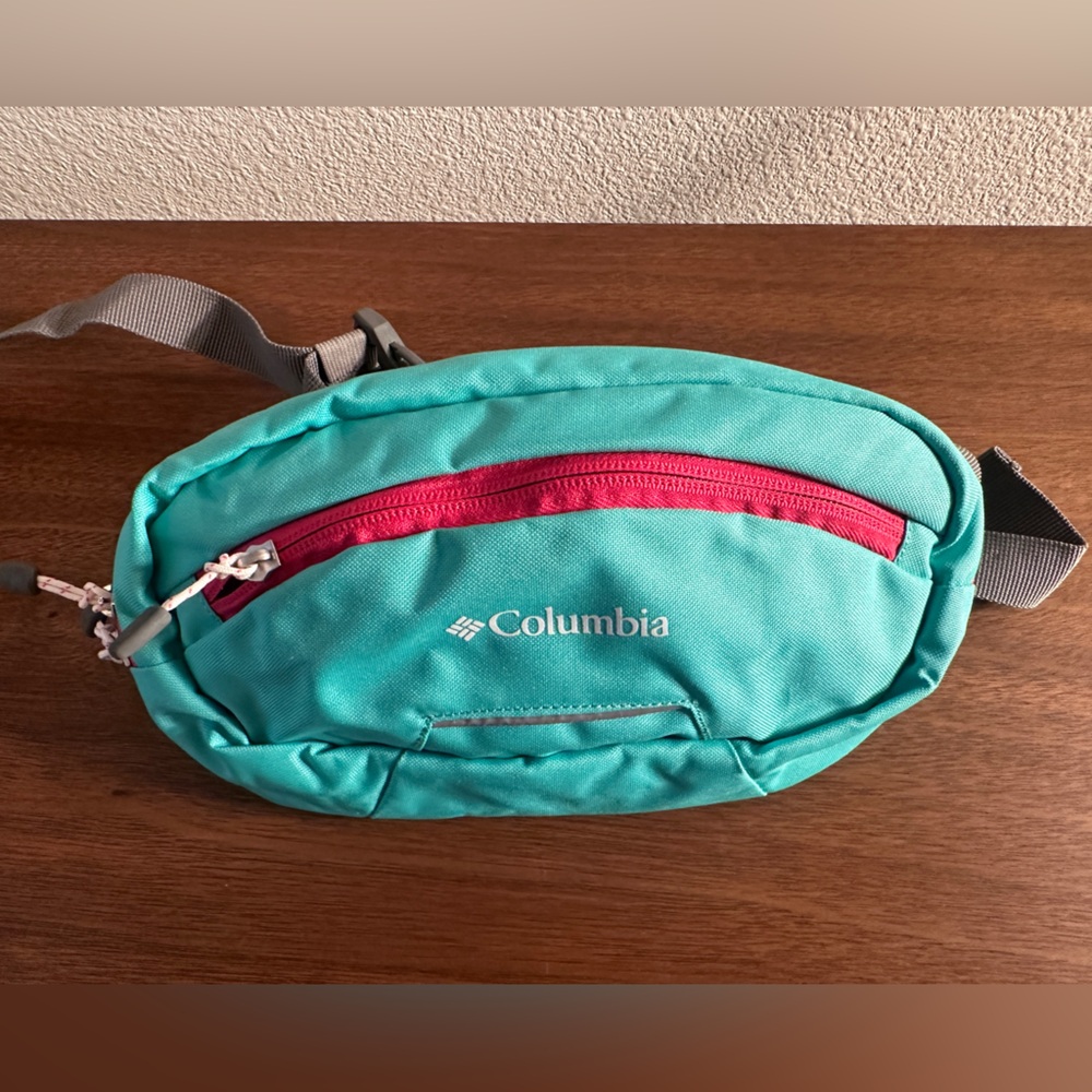 Columbia Teal Crossbody/Fanny Pack – Front & Main Pocket, Gray Strap